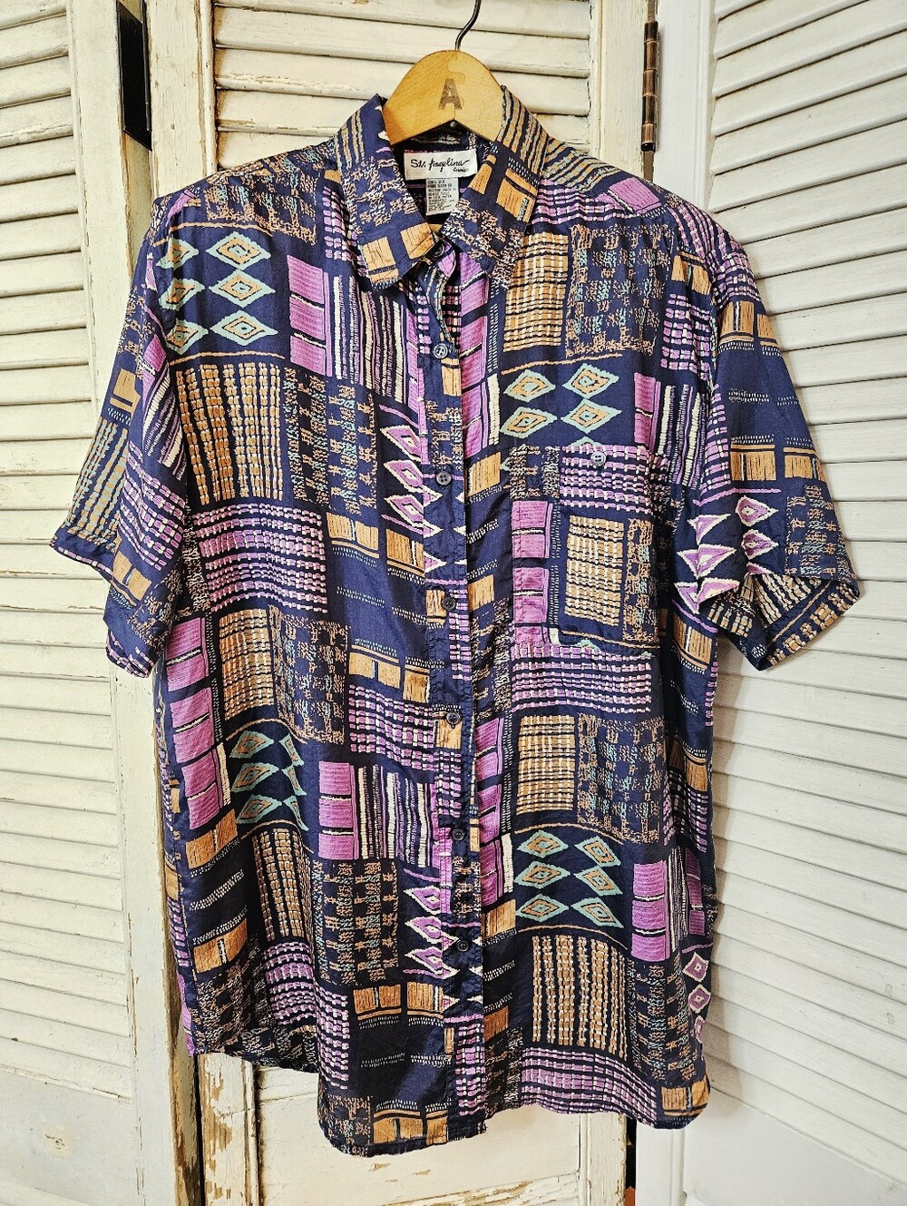 Vintage 90s St. Angelina 100% Silk Short Sleeve Blouse Navy Geometric Print M/L